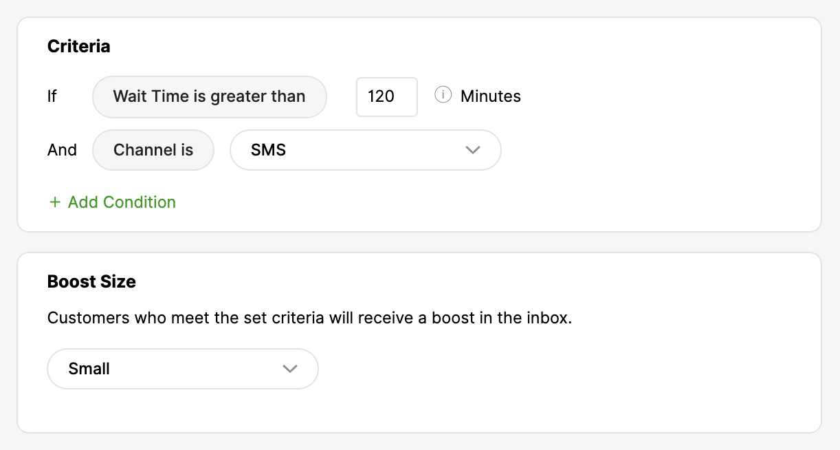 Criteria for boosting customers based on wait time and SMS channel settings.