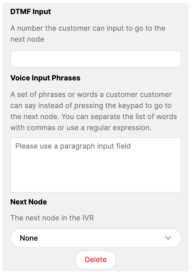 Input fields for DTMF and voice phrases in an IVR system interface.