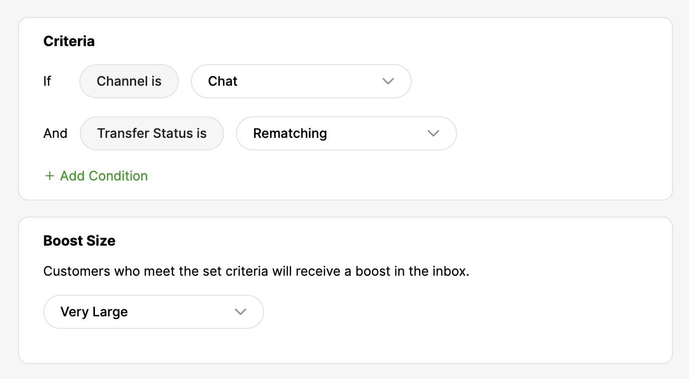 Criteria for boosting customers based on chat channel and rematching transfer status.