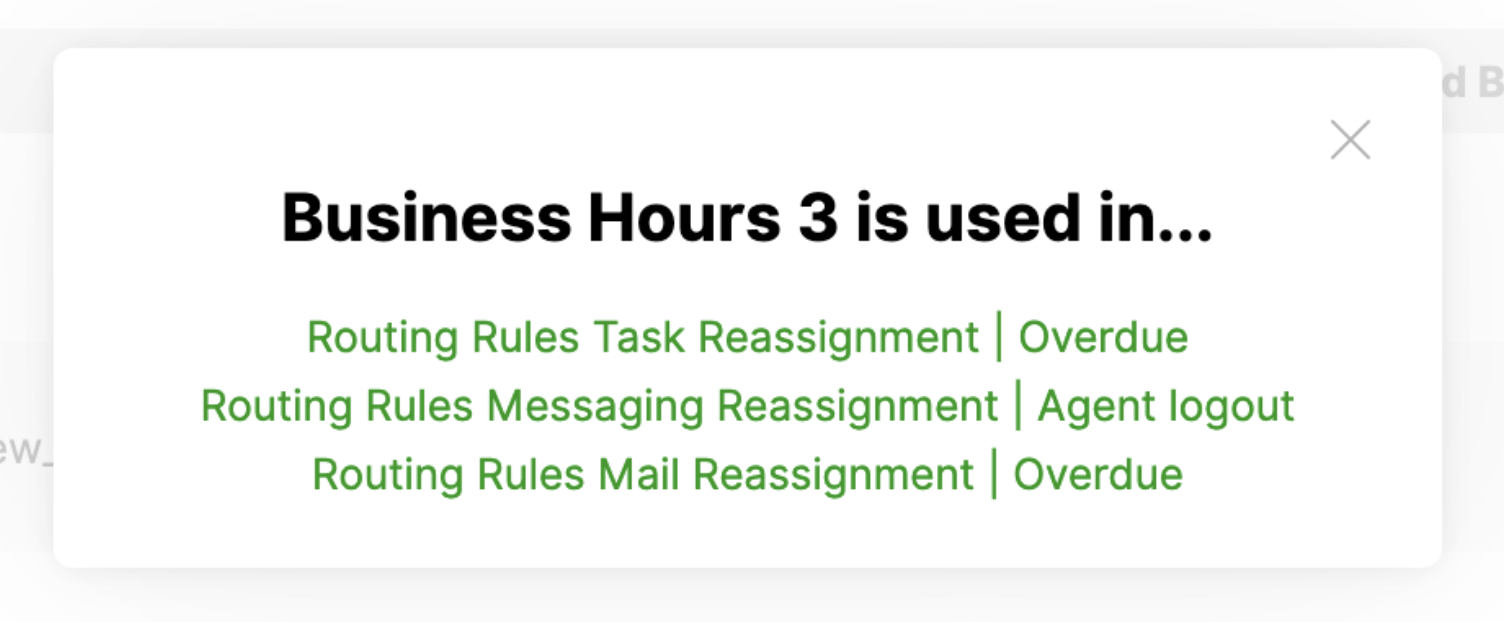 Business Hours 3 is referenced in various routing rules and their statuses.