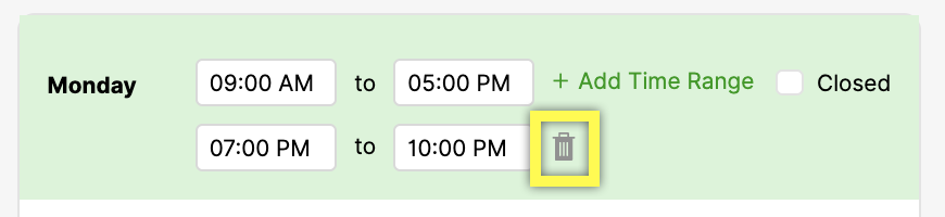 Schedule for Monday showing time slots and a delete option for time ranges.