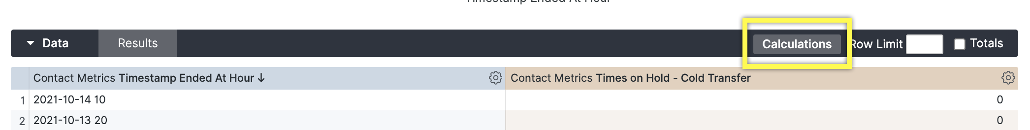 Table displaying contact metrics with highlighted calculations section for data analysis.