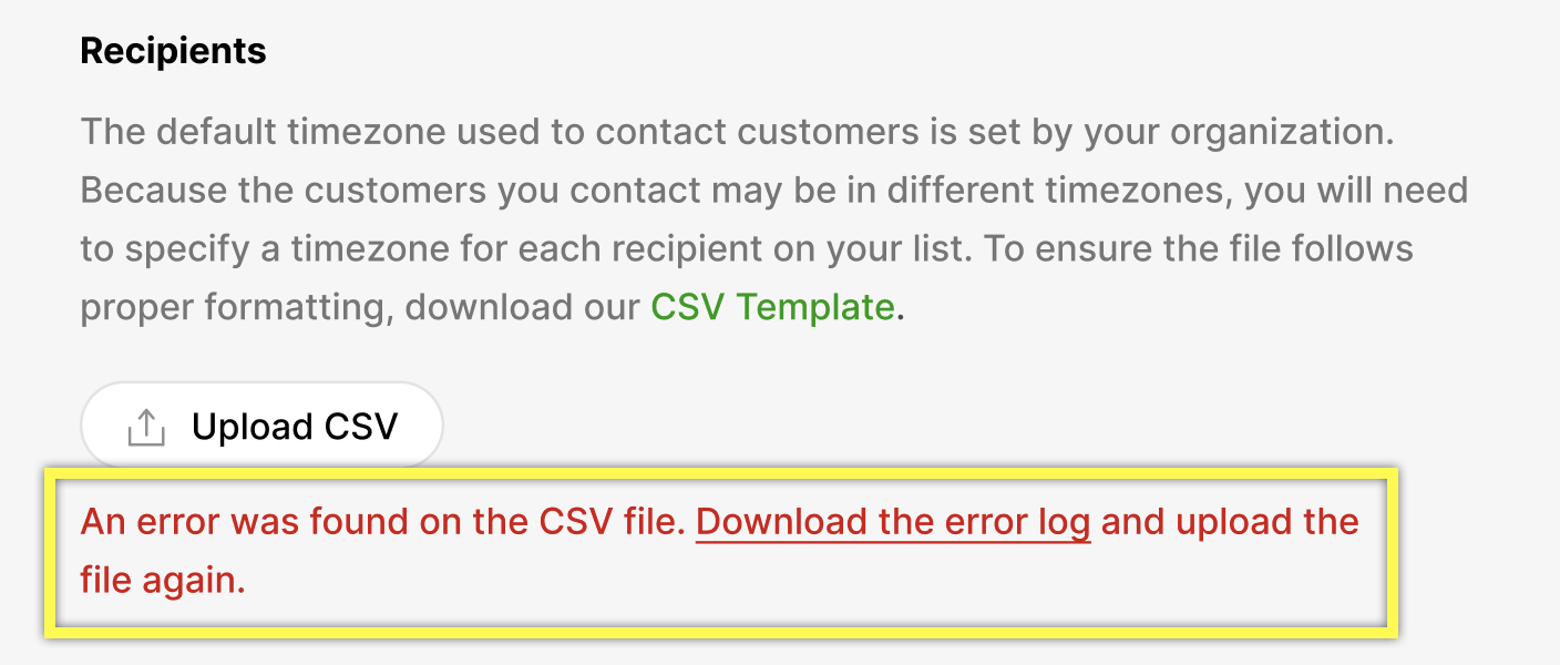 Error message indicating a problem with the uploaded CSV file and instructions to resolve it.