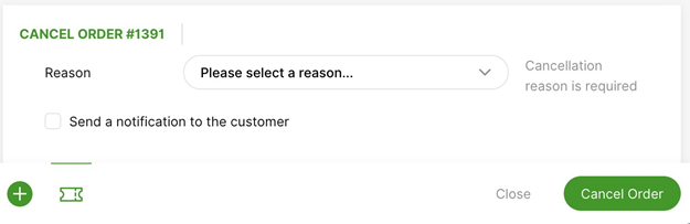 Interface for canceling order #1391 with reason selection and notification options.