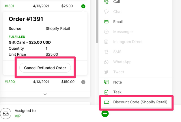 Order details showing a refund option and discount code for Shopify Retail.