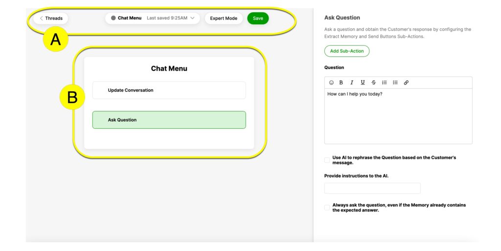 User interface showing chat menu options and question input for customer interaction.