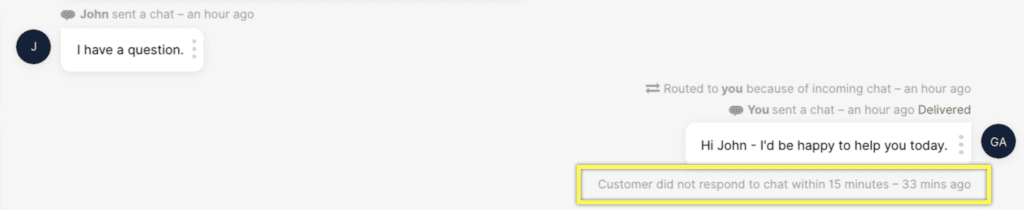 Chat interface showing customer inquiry and response time notification for support.