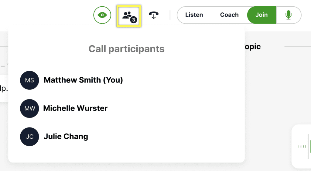 Display of call participants with names and roles in a video conferencing interface.