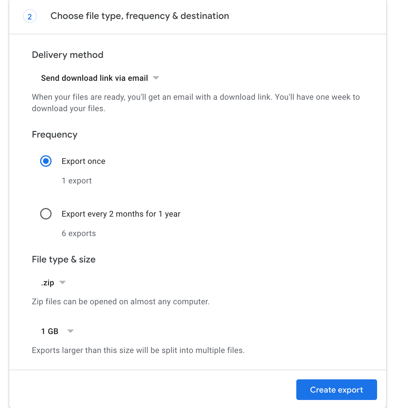 Options for file export frequency and delivery method in a user interface.