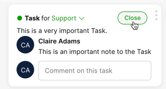 Task management interface showing important notes and options for closing tasks.