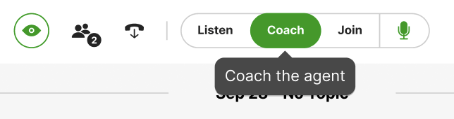 Interface showing options to coach an agent during a call session.