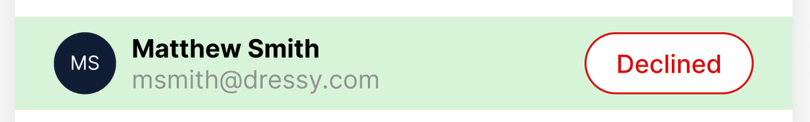 Matthew Smith's profile showing email and declined status notification.