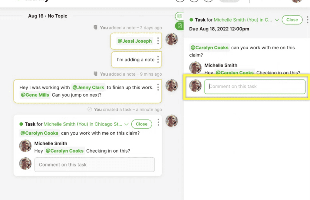 Discussion about task assignments and comments between team members in a project management tool.