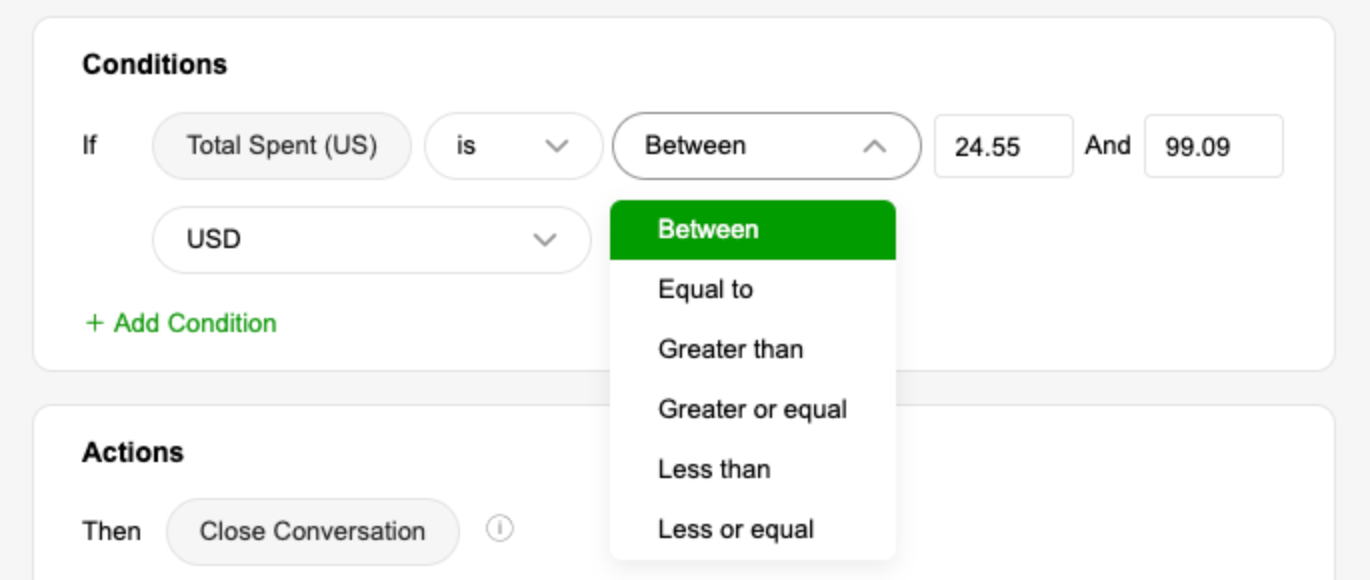 Conditions for total spending between specified amounts in USD for closing conversation.