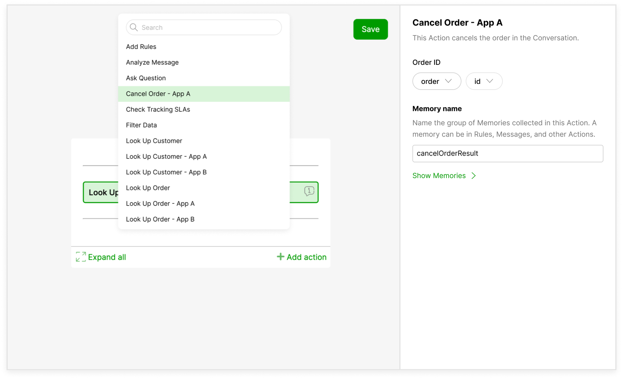 Menu options for canceling an order in an application interface.