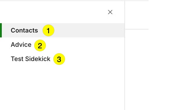 Menu displaying three options: Contacts, Advice, and Test Sidekick with numbers.