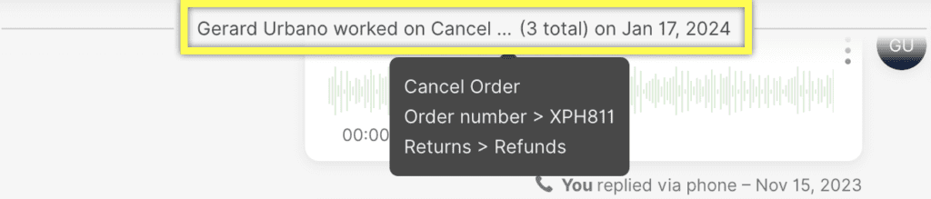 Gerard Urbano's order cancellation details and communication history displayed on the interface.
