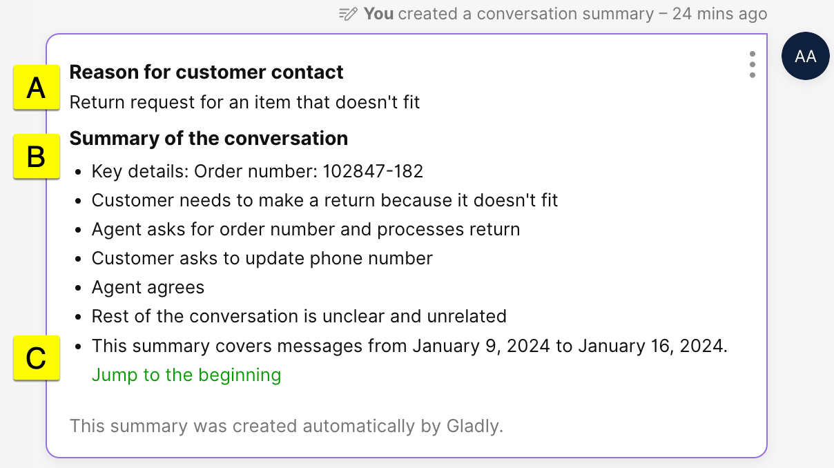 Summary of a customer service conversation regarding a return request and order details.