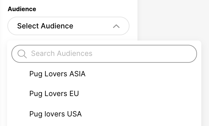 Dropdown menu for selecting audience options related to pug lovers in different regions.