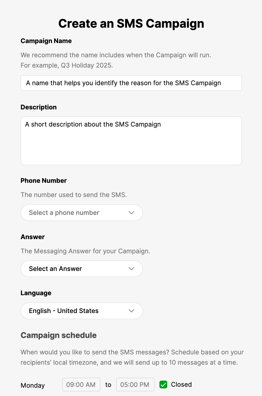 Form for creating an SMS campaign with fields for name, description, and schedule.