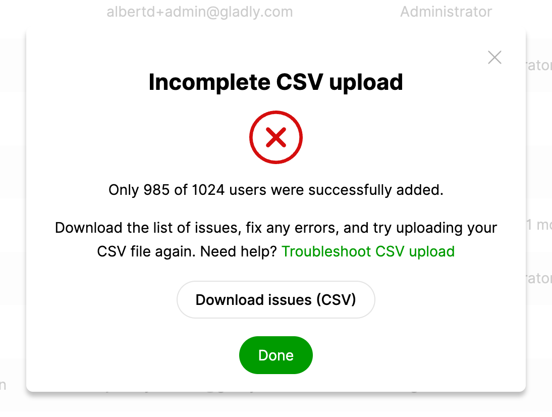 Error message indicating incomplete CSV upload with options to download issues or proceed.