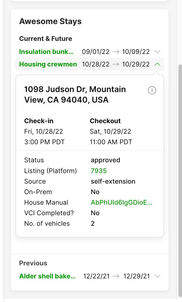 Details of upcoming stay at 1098 Judson Dr, including check-in and checkout information.