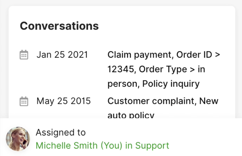 Conversation history showing claims and customer complaints assigned to Michelle Smith.