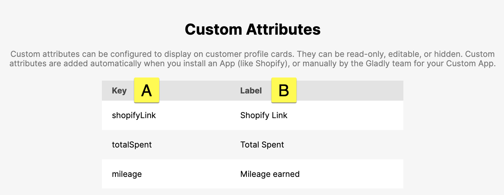 Table displaying custom attributes with keys and labels for customer profiles.