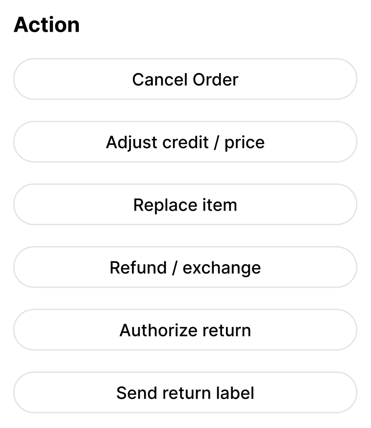 List of actions for order management including canceling, refunding, and replacing items.