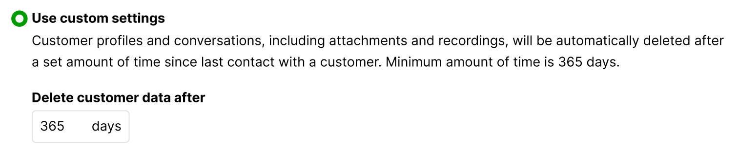 Settings for automatic deletion of customer data after 365 days of inactivity.