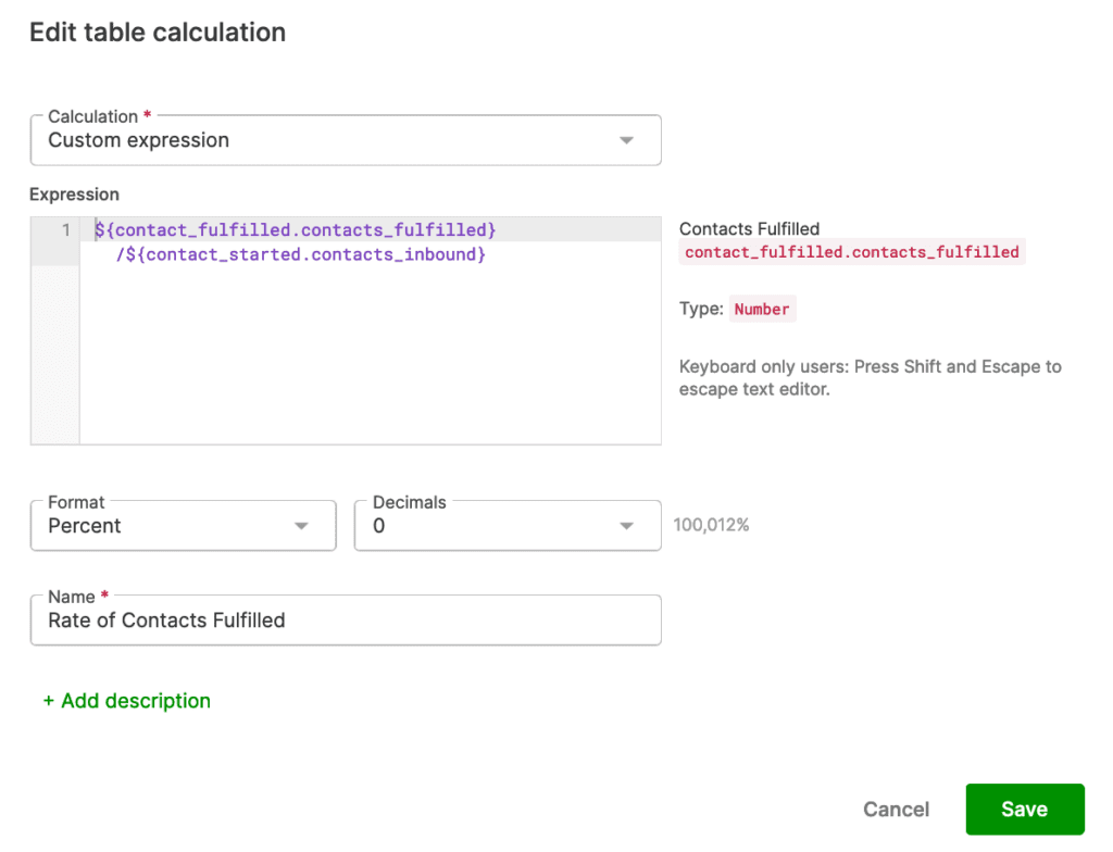 Custom expression for calculating the rate of contacts fulfilled in a table.