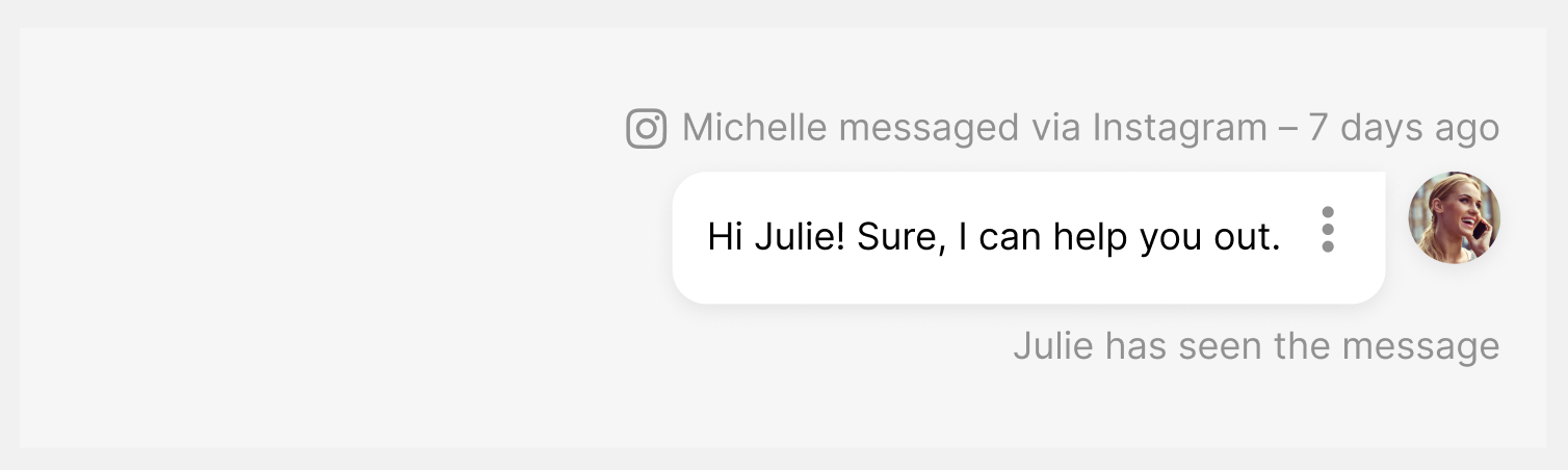 Instagram message from Michelle to Julie offering help, indicating message seen status.