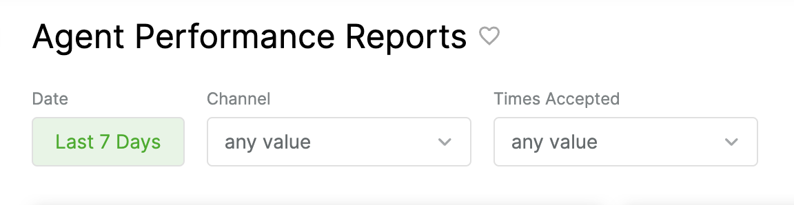 Agent performance report filters for date, channel, and times accepted options.