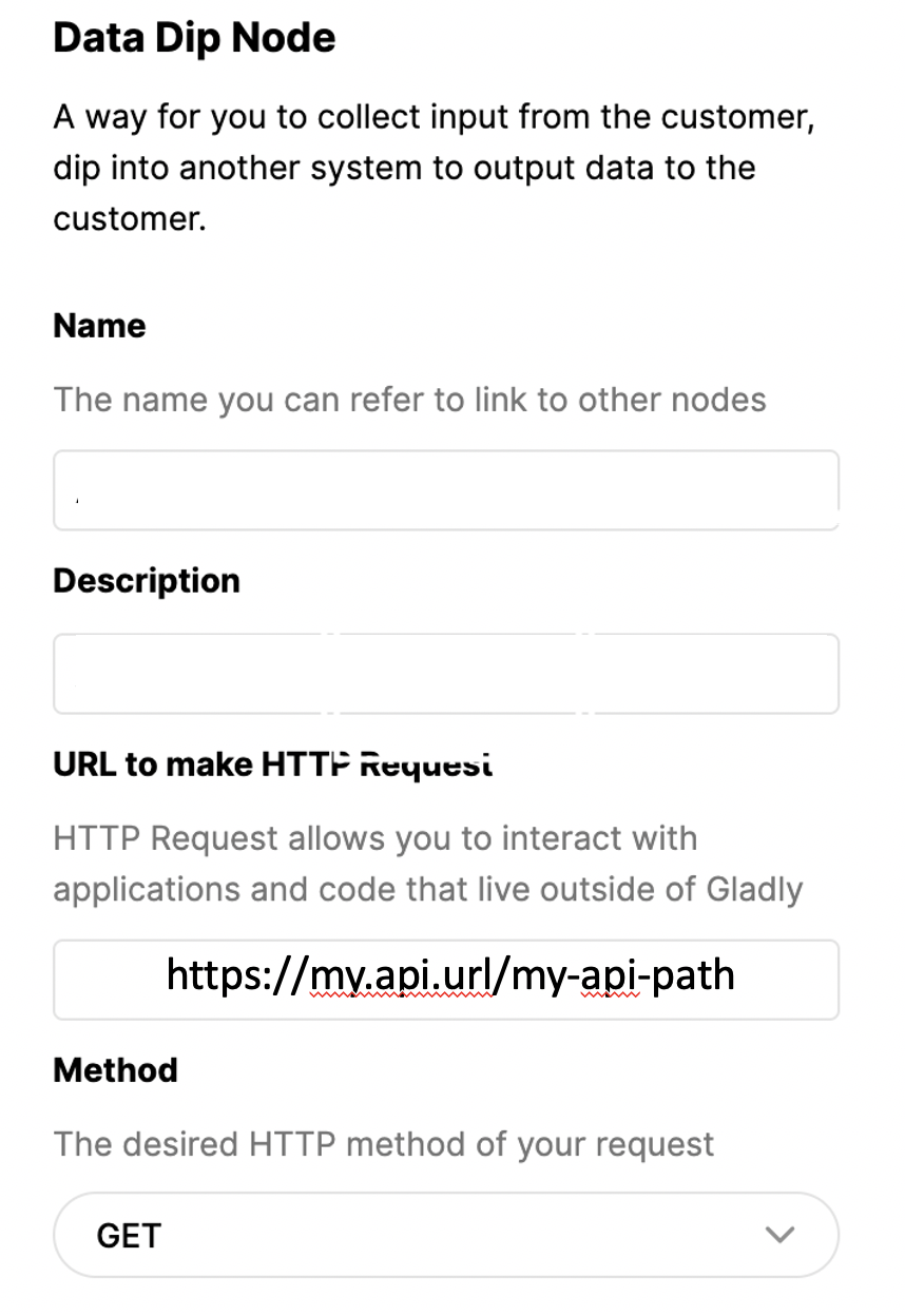 Data Dip Node interface for collecting customer input and making HTTP requests.