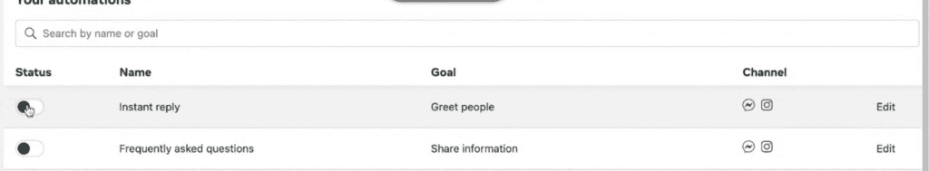 Overview of automation settings with options for instant replies and FAQs.