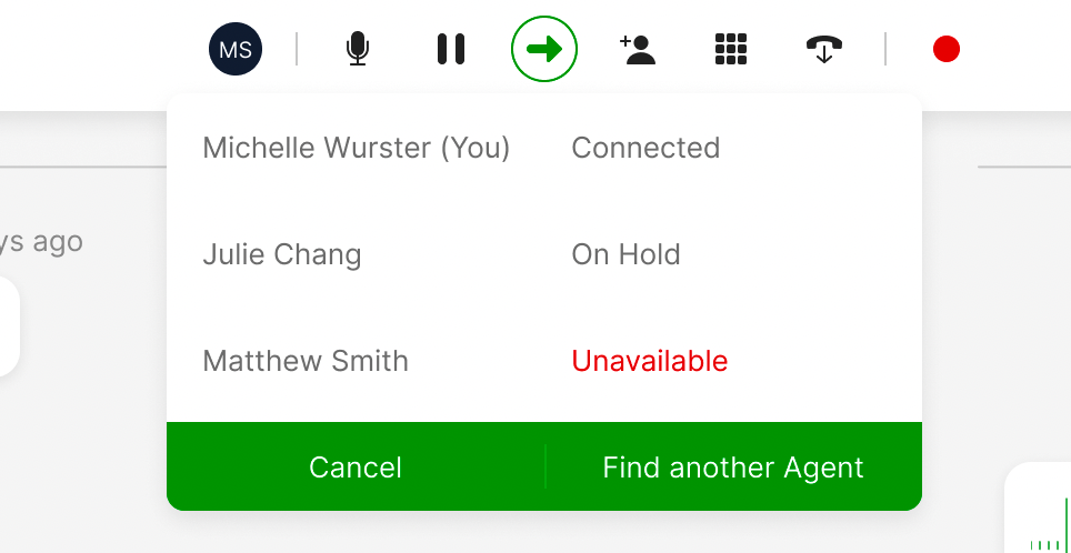 Call status showing connected, on hold, and unavailable agents with action buttons.