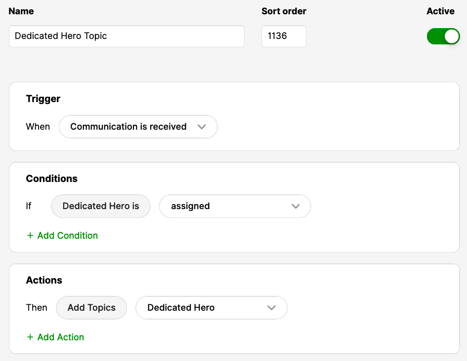 Configuration settings for a dedicated hero topic in a communication system.