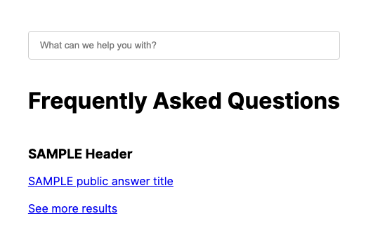Search bar and frequently asked questions section with sample headers and titles displayed.