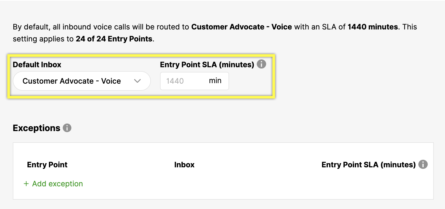 Default inbox settings for voice calls with specified SLA of 1440 minutes.