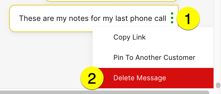 Notes from a phone call with options to copy or delete messages displayed.