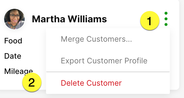 Customer profile options for Martha Williams, including delete and export features.