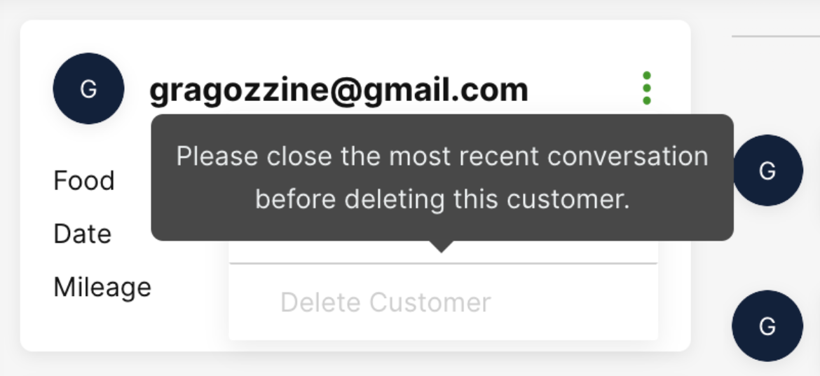 Warning message instructing to close the recent conversation before deleting a customer.