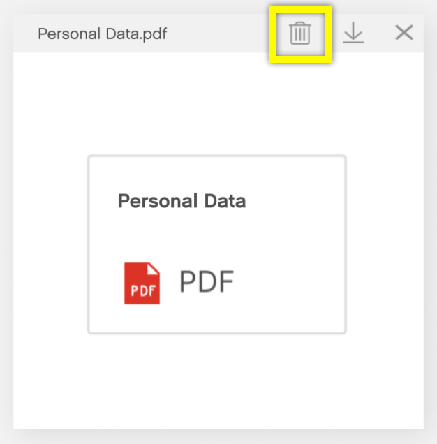 A PDF document titled 'Personal Data' with a delete icon highlighted.