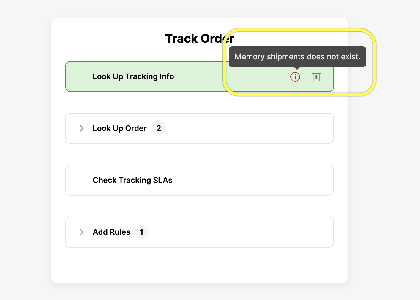 Tracking order interface showing a message about non-existent memory shipments.