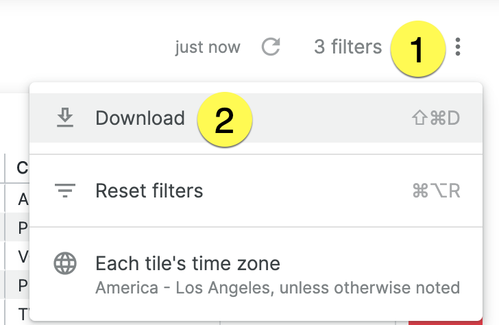 Menu options for downloading and resetting filters in a user interface.