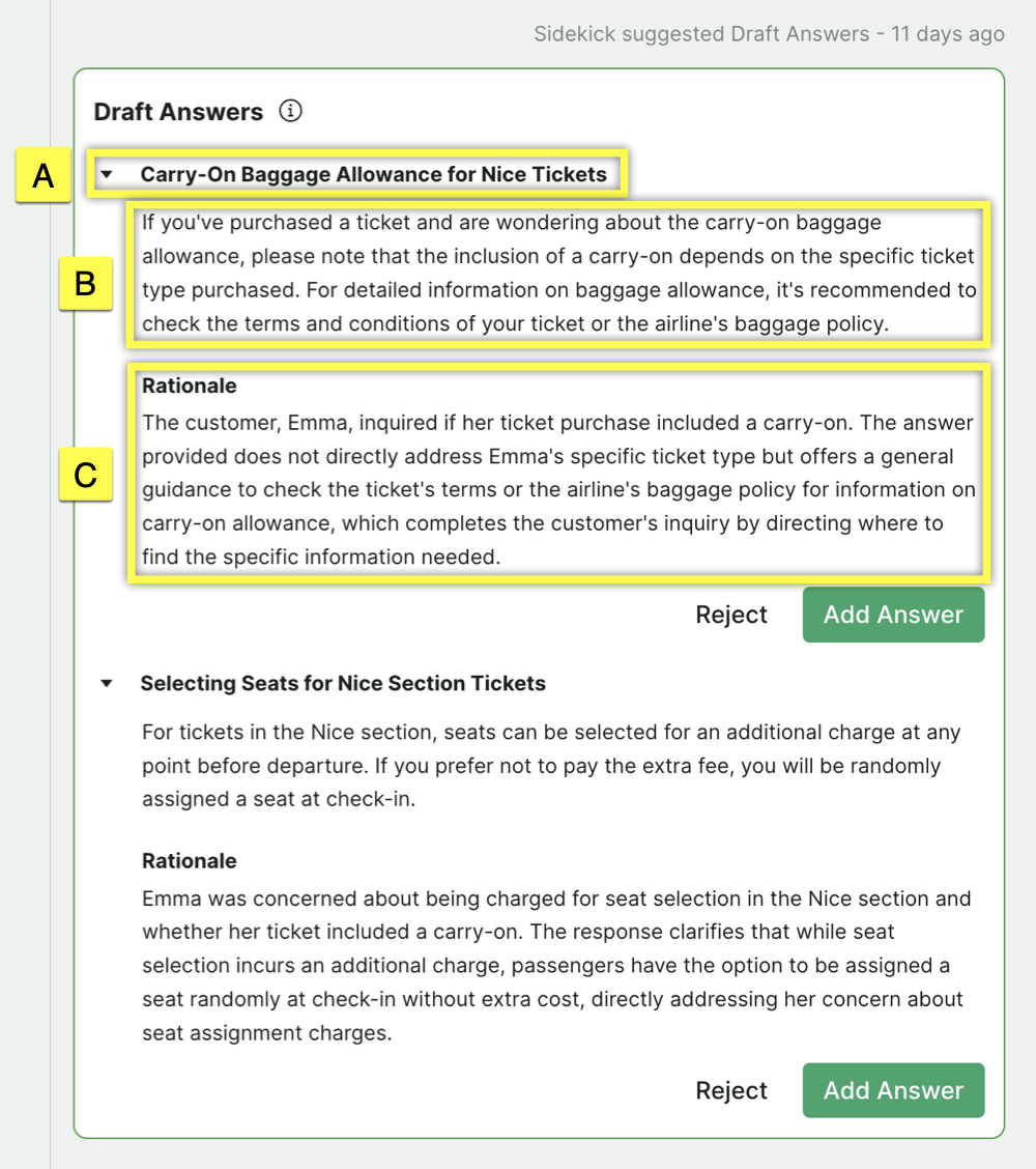 Guidance on carry-on baggage allowance and seat selection for Nice tickets.