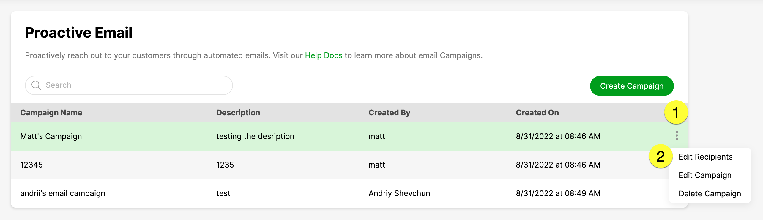 Overview of email campaigns with options to edit recipients and campaigns.