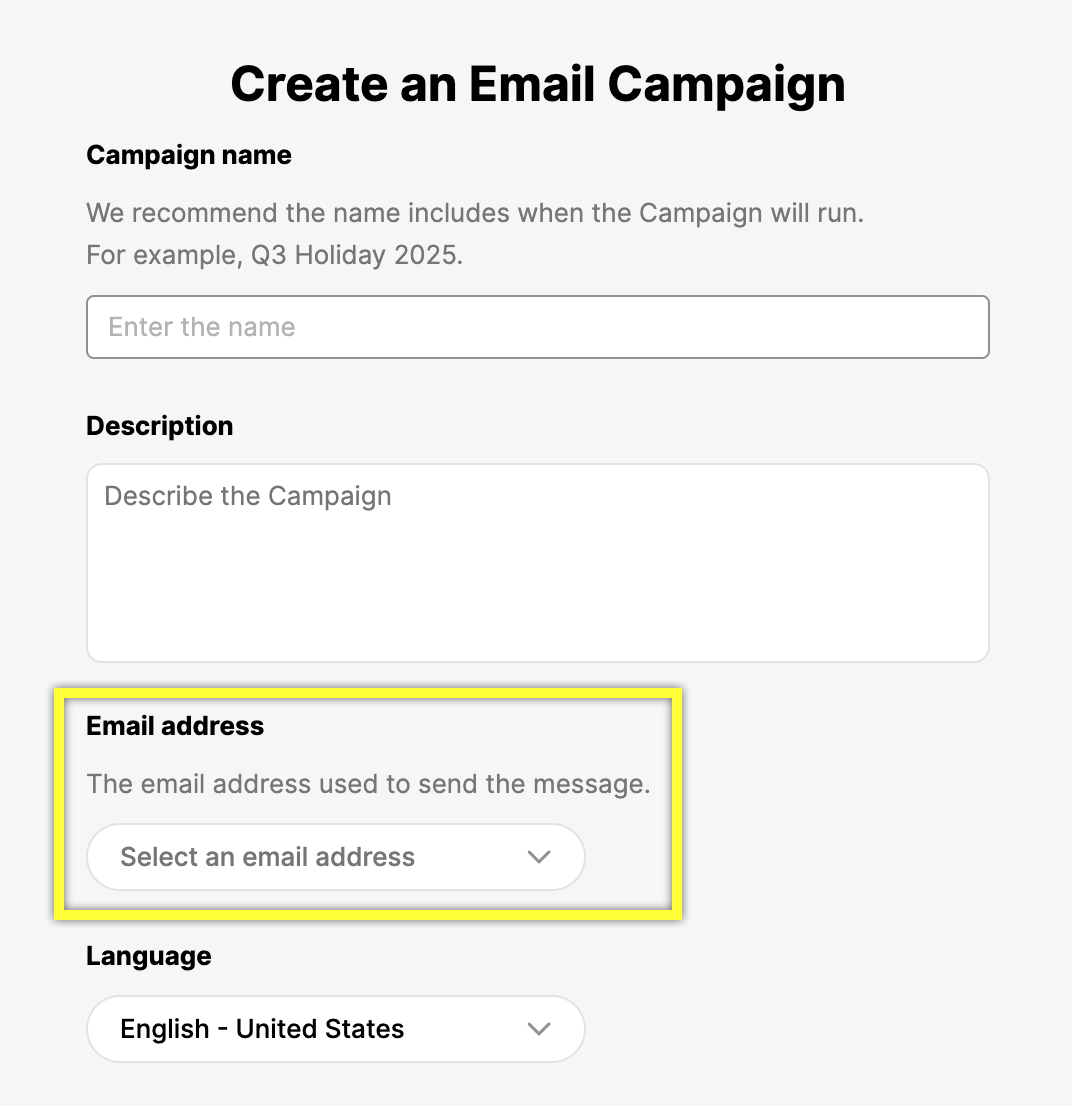 Form to create an email campaign, highlighting the email address selection field.