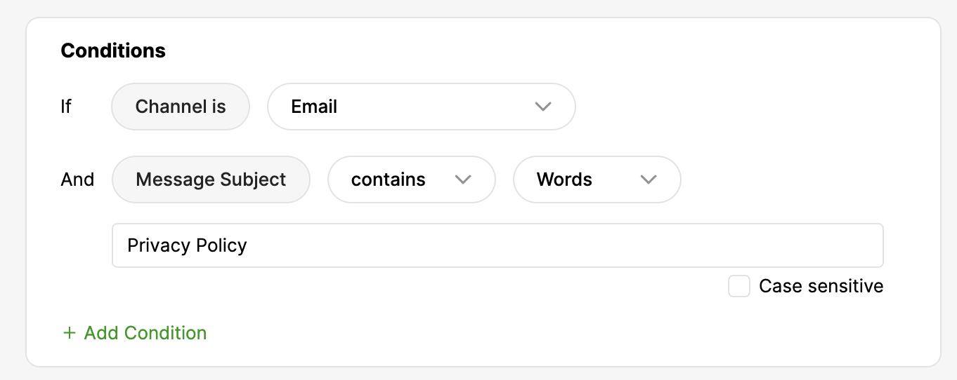 Conditions for email channel with privacy policy in message subject highlighted.