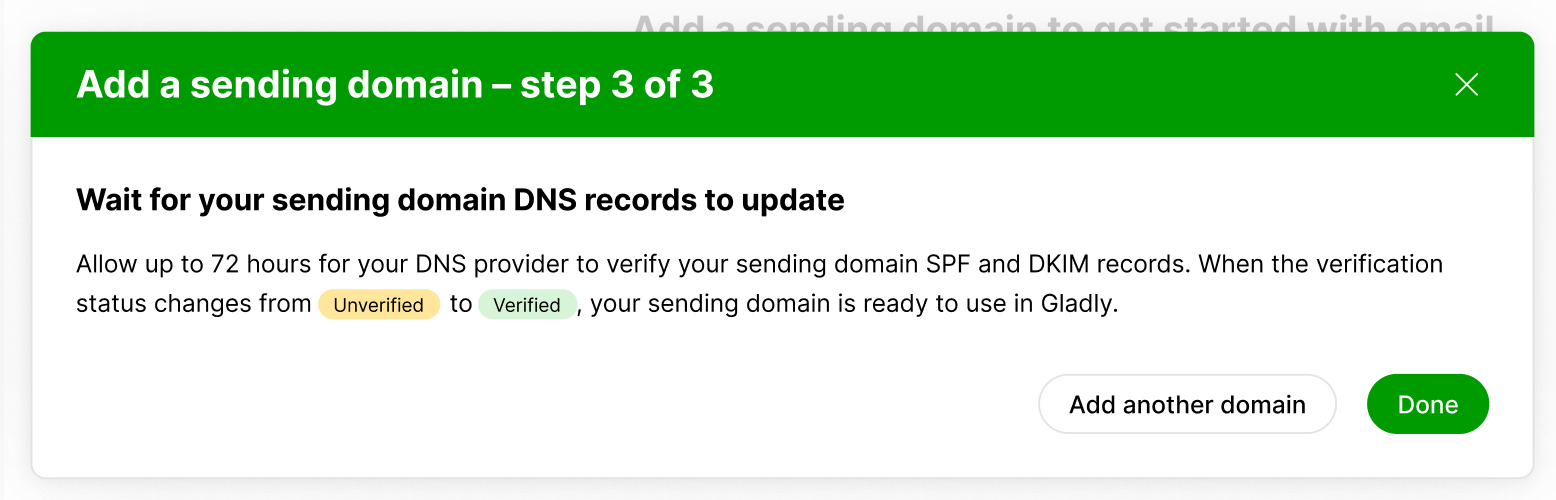 Instructions for verifying a sending domain DNS records in Gladly platform.